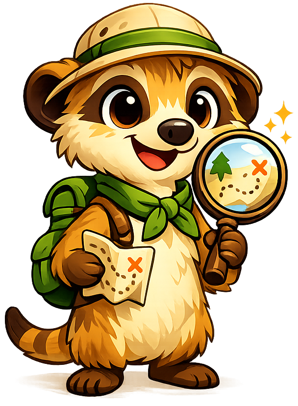 The Family Scavenger Hunt explorer — a friendly meerkat in a safari hat, holding a magnifying glass and map